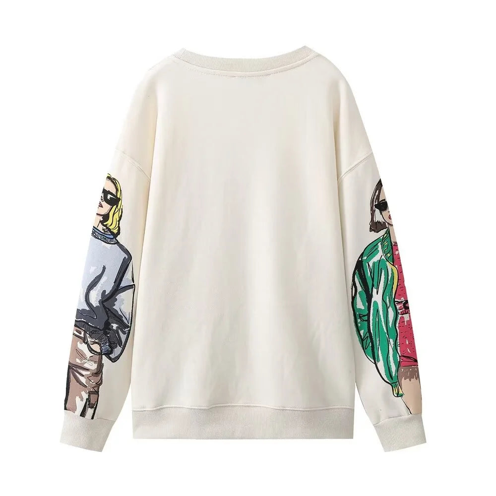 2024ZAR * Spring/Summer New Product Women's Casual Loose Girl Print Contrast Color Long sleeved Sweater