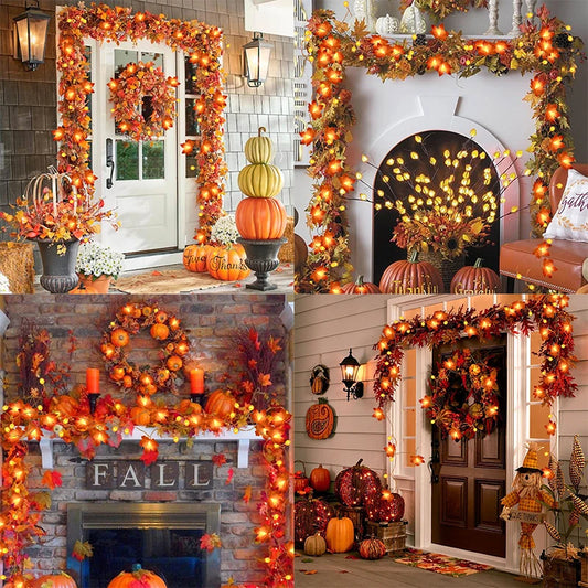 Artificial Autumn Maple Leaves Pumpkin Garland Led Fairy Lights for Thanksgiving Christmas Party DIY Decoration Halloween Props