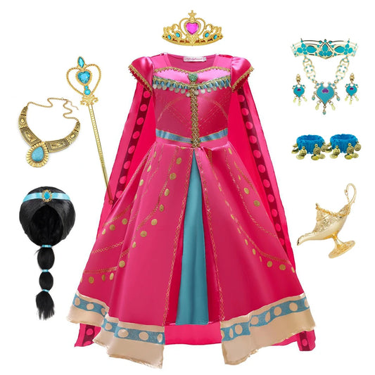 Jasmine Costume for Girls Arabian Dress for Kids Aladdin Cosplay Christmas Halloween Party with Gloves Crown Wand Accessories