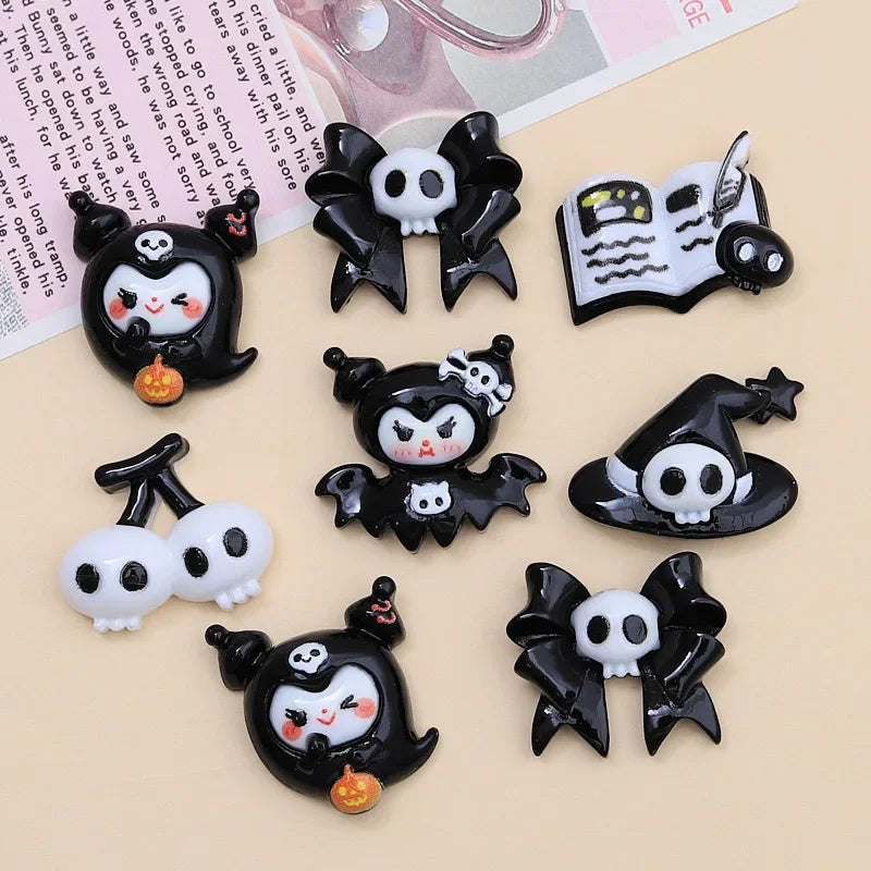 10Pcs Resin Cute Cartoon Halloween Bat, Ghost, Cherry Skull Figurines Flatback Stone Decor DIY Halloween Scrapbook Crafts