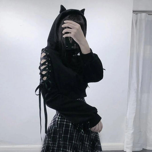 Cat Ear Cropped Hoodie Long Sleeve Black Gothic Hoodies Bandage Hollow Out Punk Hooded Sweatshirt E-Girls Y2k Clothing Gothic