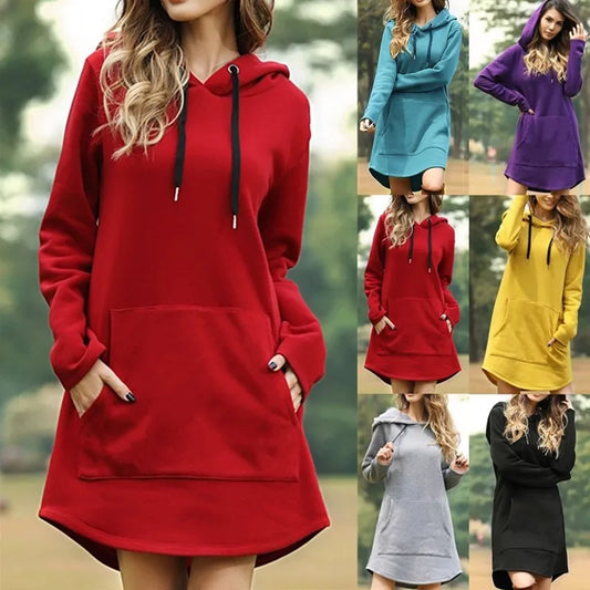 Women Fashion Hoodies Dress Spring Solid Big Pocket Sweatshirt Korean Pop Hoody Casual Long Tops Oversized Pullover