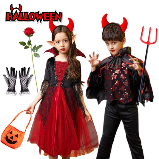 Girls Boys Vampire Dress Kid Ghost Bride Gothic Cosplay Vampire Devil Bat Halloween Costume Vampiran Carnival Outfit Clothes