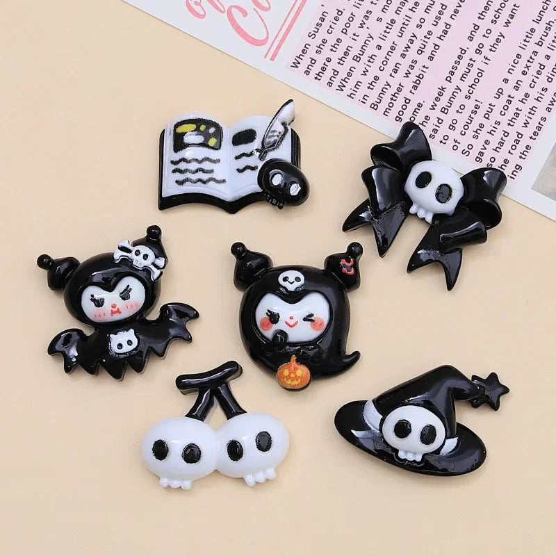 10Pcs Resin Cute Cartoon Halloween Bat, Ghost, Cherry Skull Figurines Flatback Stone Decor DIY Halloween Scrapbook Crafts